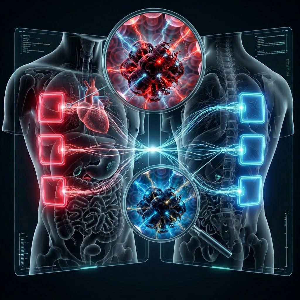 Komplementäronkologische Therapie – Naturpraxis Rüther Illustration zur komplementäronkologischen Therapie mit Darstellung von Organen und vernetzten Regulationsprozessen im menschlichen Körper